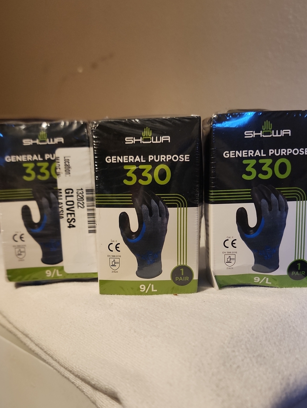 3 Pair:  NEW General Purpose 330 Black/Blue Work Gloves - 9/L